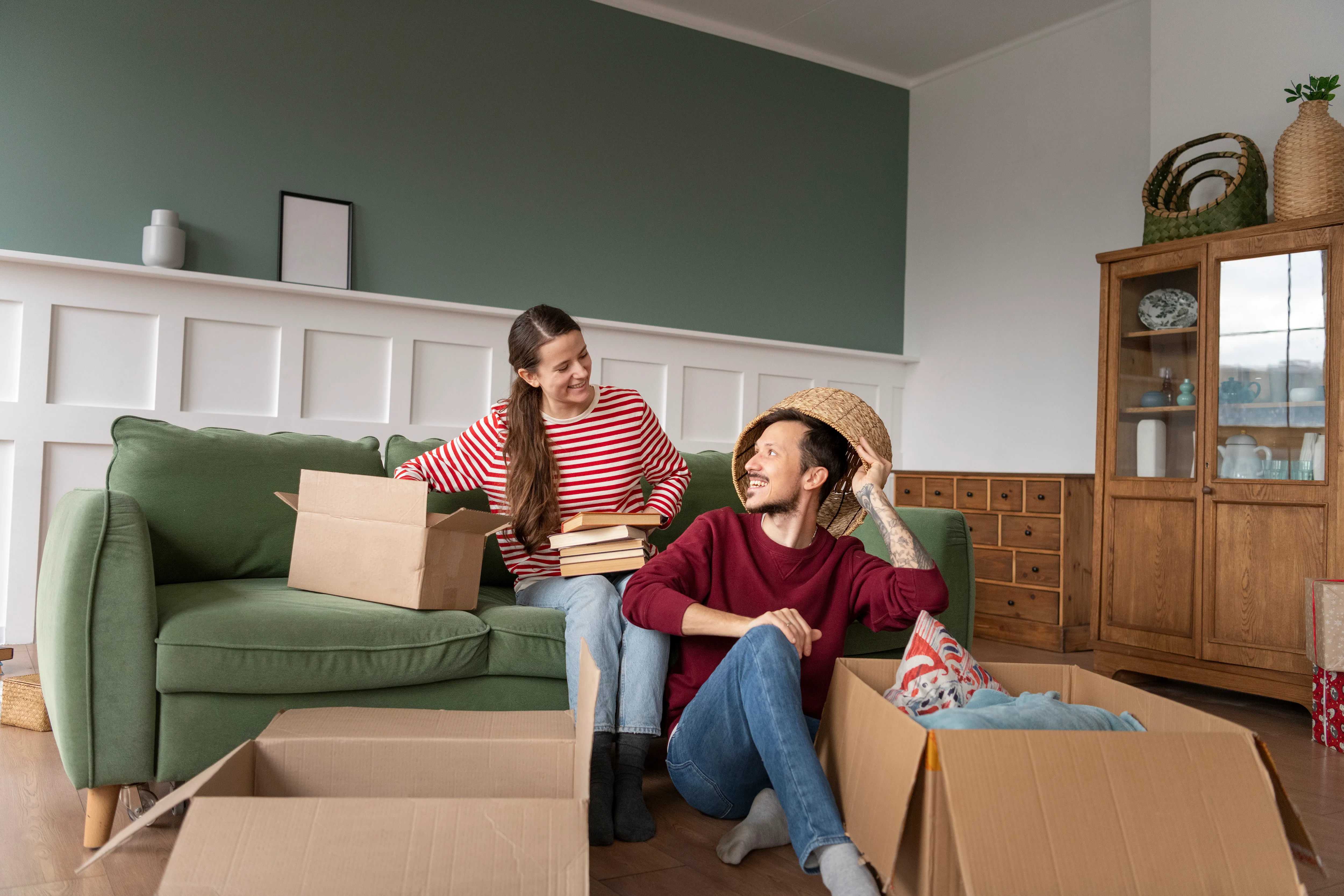 A family unpacking in their new home